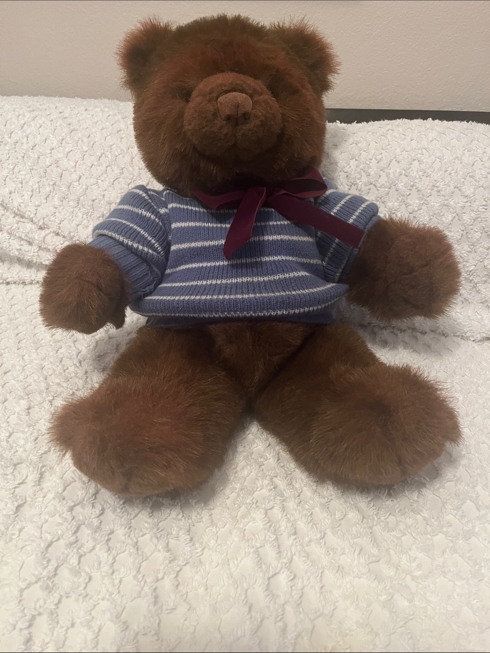 Gund Brown Bear with Blue Striped Sweater and Burgundy Bow